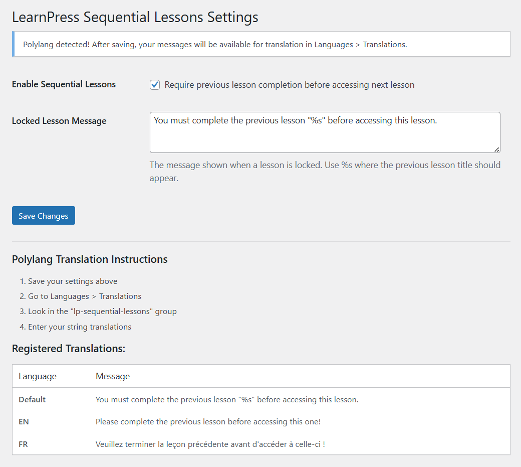 settings_screen LearnPress Sequential Lessons Plugin